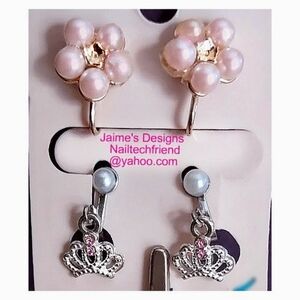 2 Pr Clip Earrings; Crowns & Pink Pearls